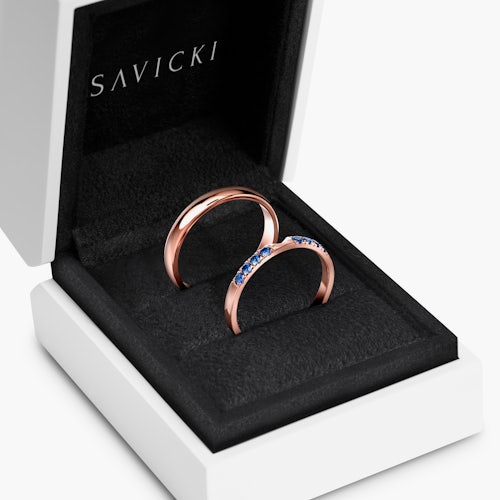 Obrączki The Journey: różowe złoto, niebieski szafir, półokrągłe, 2 mm i 3 mm